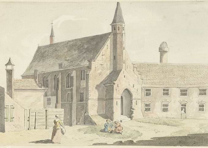 Watercolor painting of a European town square