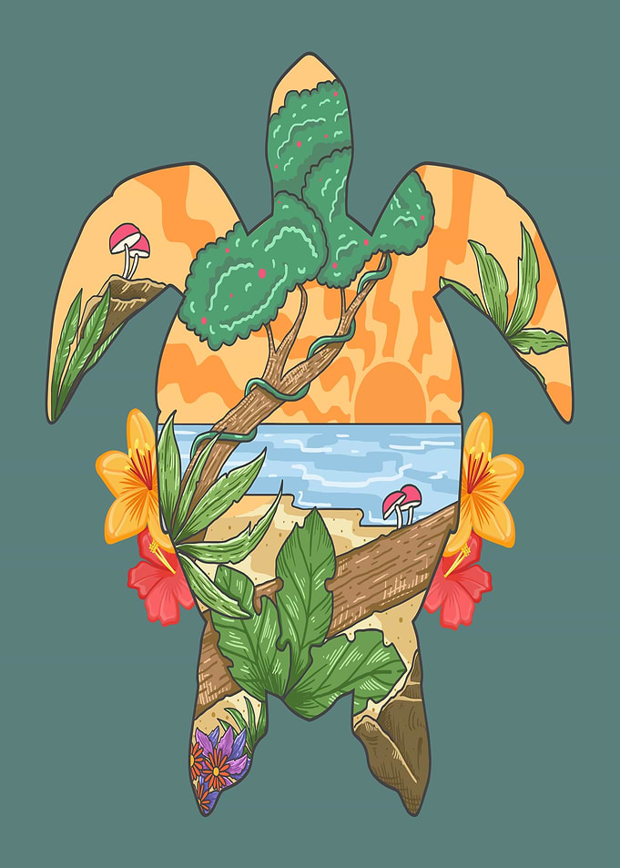 Turtle Silhouette with Tropical Landscape