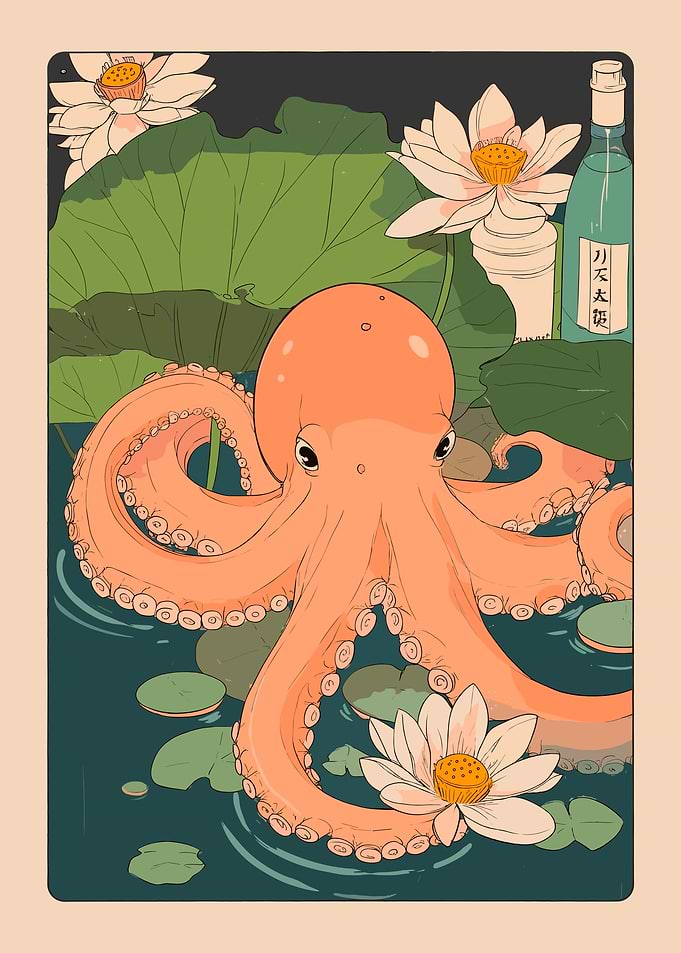 Octopus and Lotus Flowers