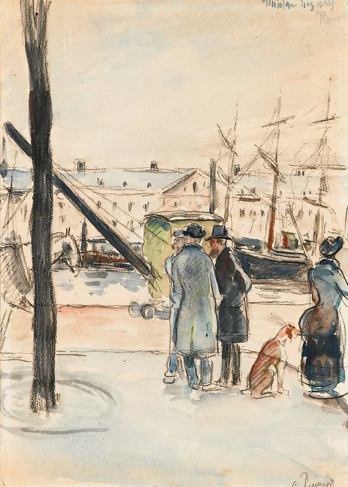 Harbor Scene with Figures and Dog