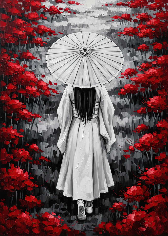 Woman with Umbrella in Red Flowers
