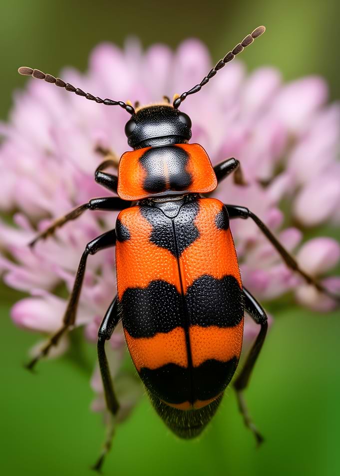 Red and Black Beetle on Pink Flower