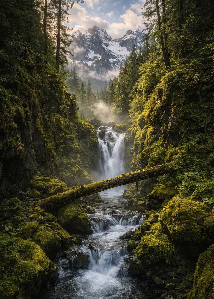 Misty Waterfall in a Lush Forest