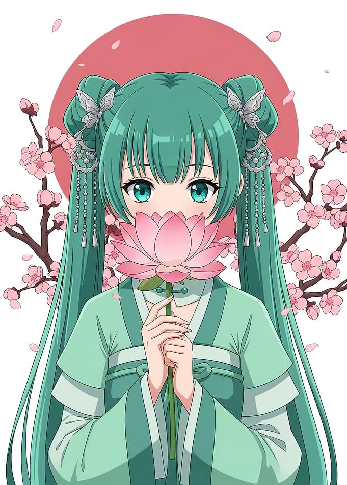 Anime Girl with Lotus Flower