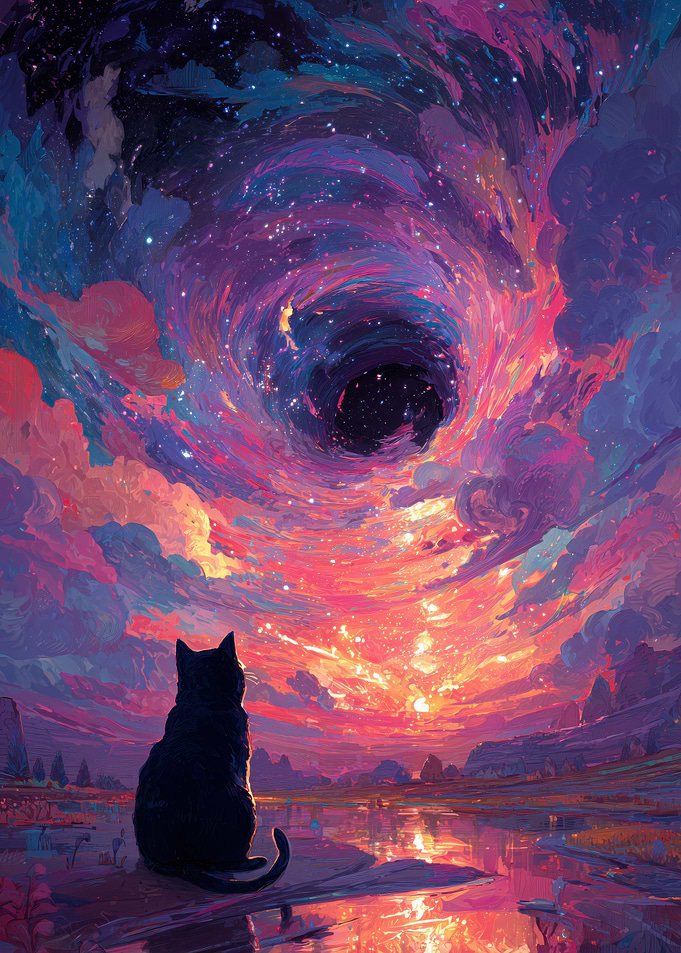 Black Cat Gazing at a Cosmic Vortex