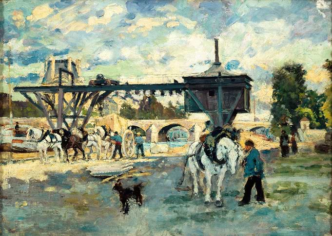 Industrial Scene with Horses and Crane
