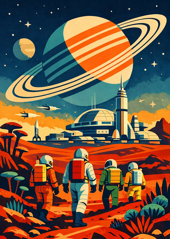Astronauts explore alien planet with Saturn in sky