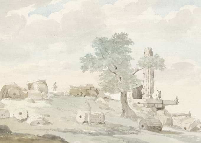Ancient Ruins with a Tree and Figures