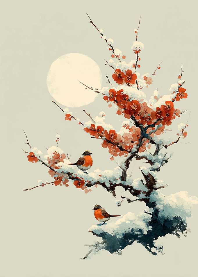 Birds on a Snowy Plum Tree