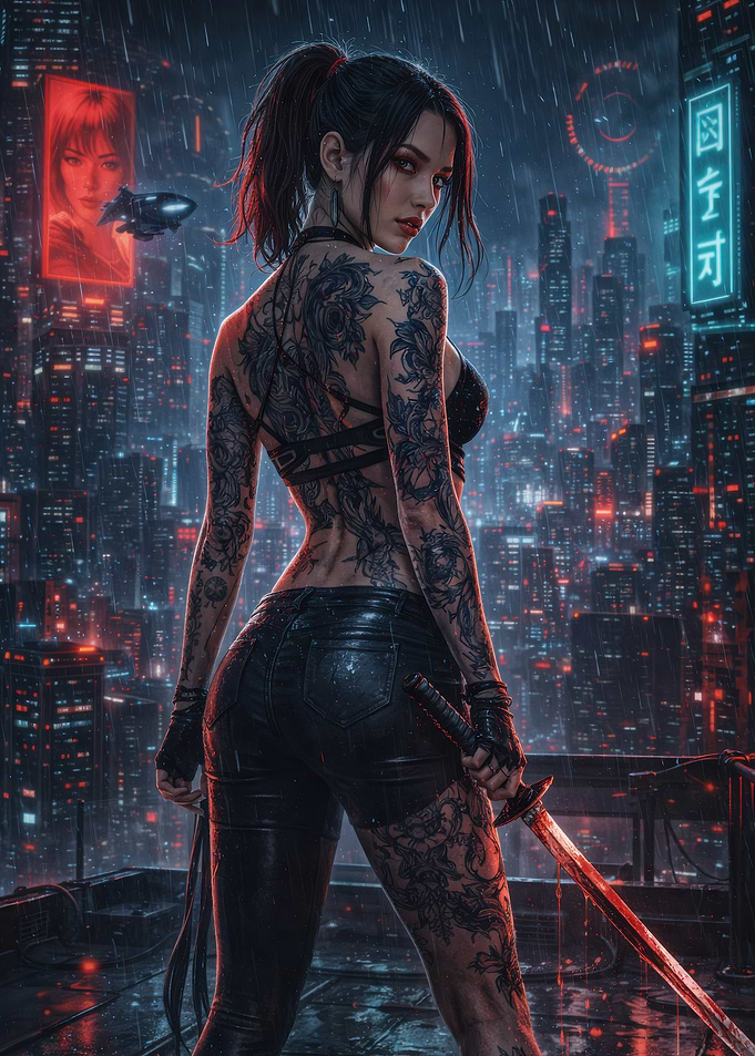 Cyberpunk Woman with Katana on Rooftop