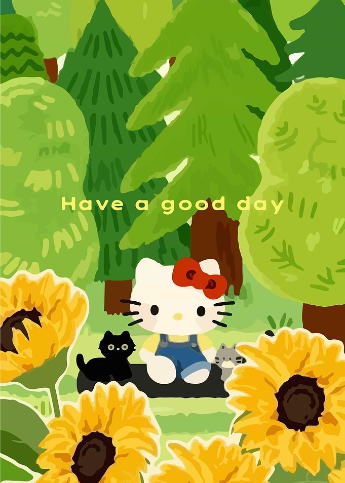 Hello Kitty in a Forest with Sunflowers