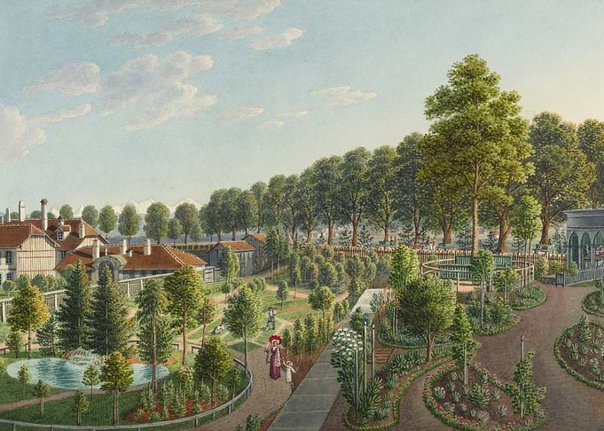 Victorian Park Scene with People and Buildings