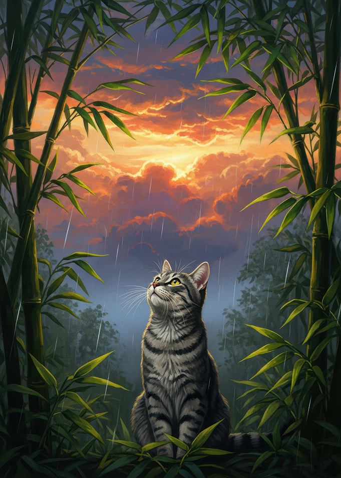 Cat in Bamboo Forest During Sunset Rain