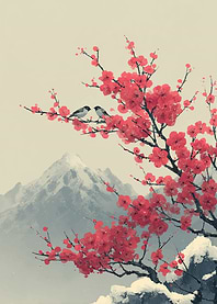 Birds on Cherry Blossom Branch with Mountain