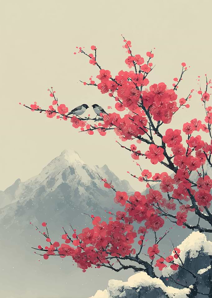 Birds on Cherry Blossom Branch with Mountain