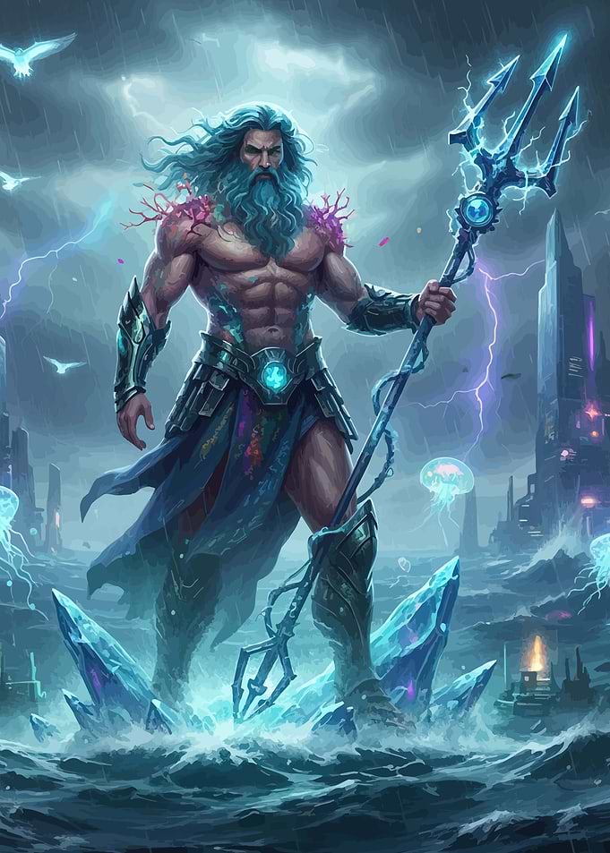 Poseidon with Trident in Stormy Seas