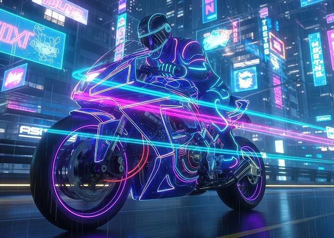 Cyberpunk Motorcycle Rider in Neon City