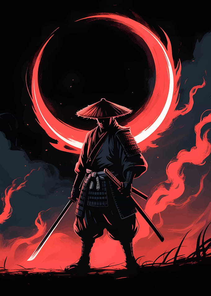 Samurai Warrior Under Red Eclipse