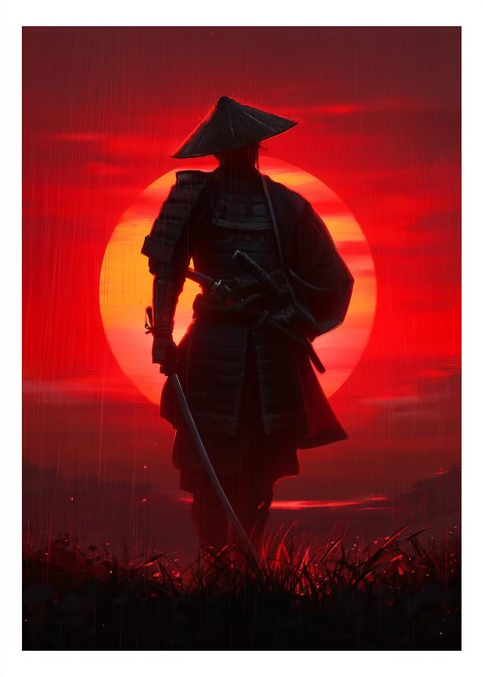 Lone Samurai in Red Sunset