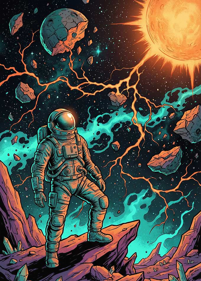 Astronaut on alien planet with sun and asteroids