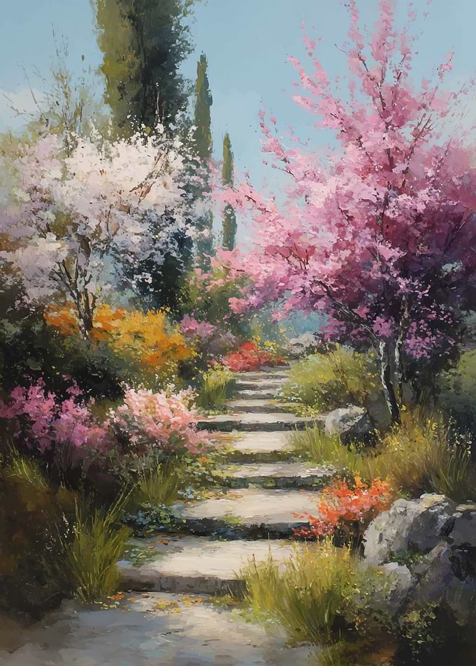 Spring Garden Path with Blooming Trees