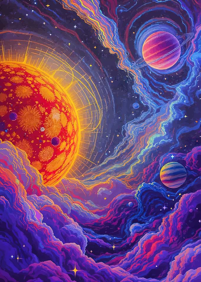 Vibrant Cosmic Nebula with Planets