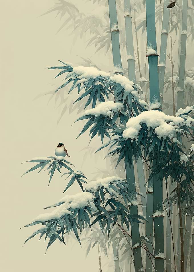 Bird on Snowy Bamboo