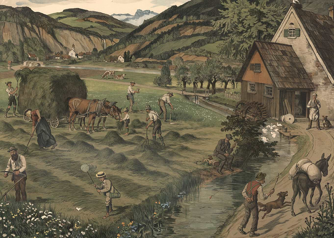 Rural Haymaking Scene with Farmers and Animals