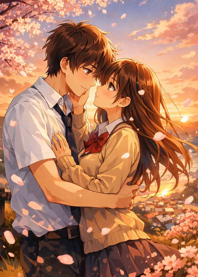 Anime Couple Embracing Under Cherry Blossoms
