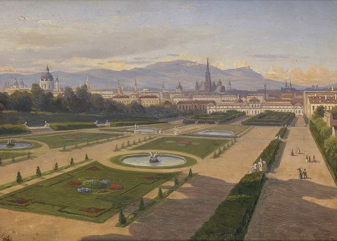 Palace Gardens with Cityscape and Mountains
