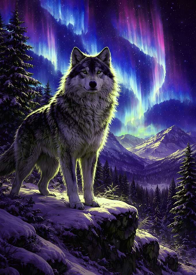 Wolf Under the Aurora Borealis