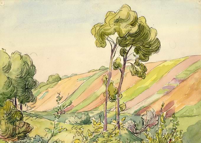 Watercolor Landscape of Rolling Hills