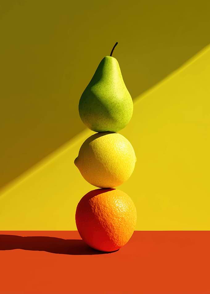 Stacked Fruits on Yellow and Red Background