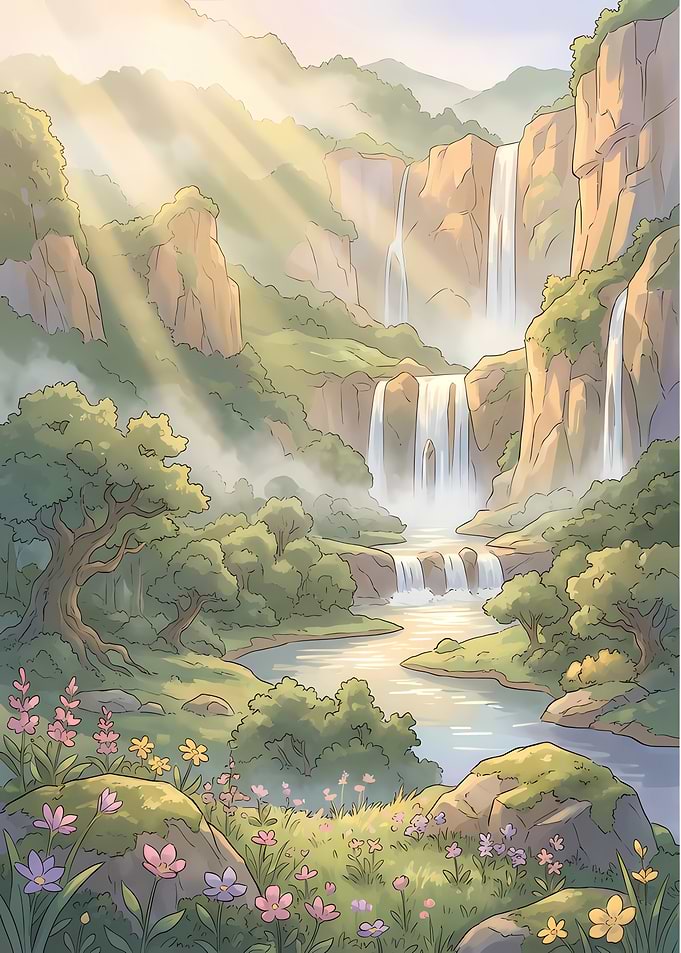 Enchanting Waterfall Landscape with Sunbeams