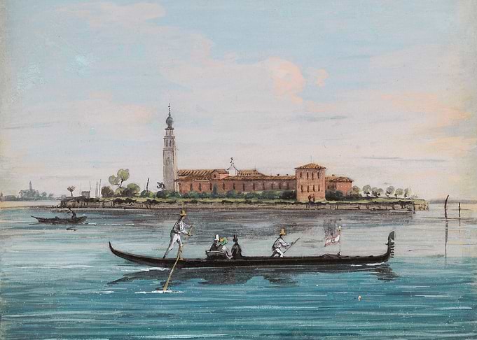 Venetian Canal Scene with Gondola and Island