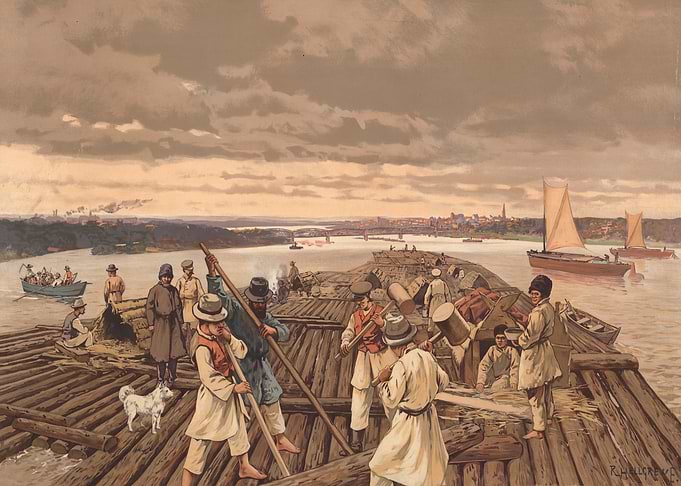 River workers building a raft