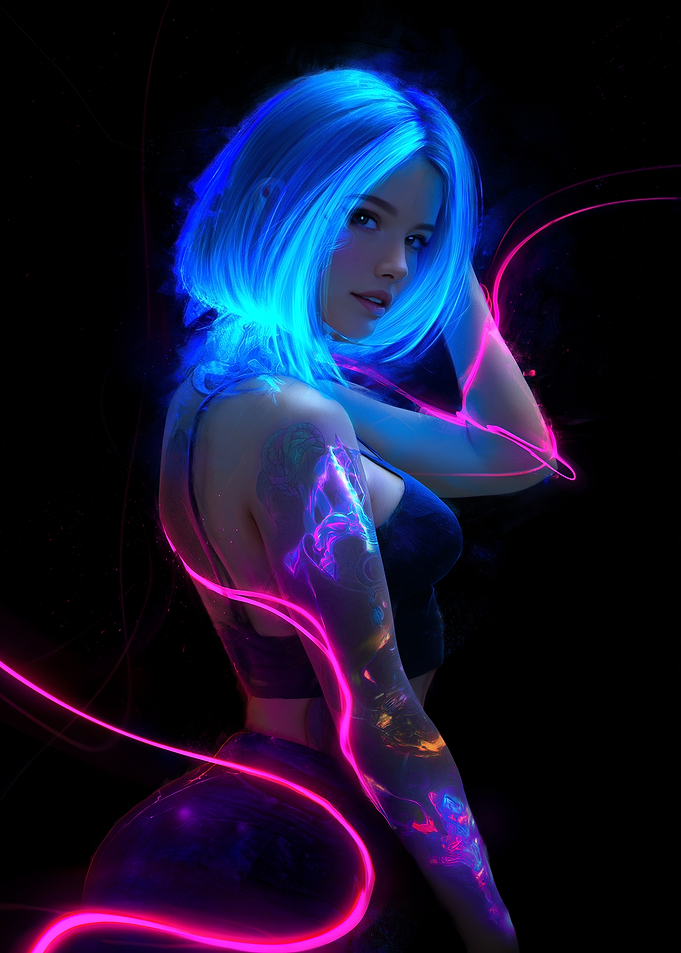 Neon Cyberpunk Woman with Blue Hair
