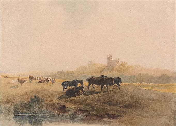 Horses and Cattle near a Ruined Castle