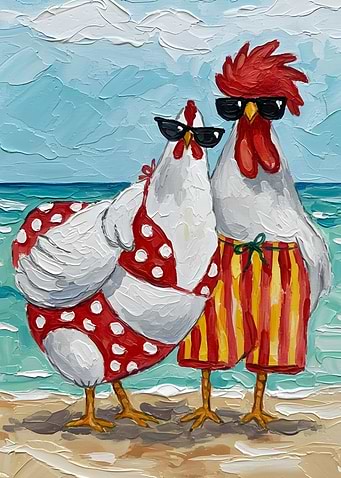 Rooster and Hen Couple on Beach