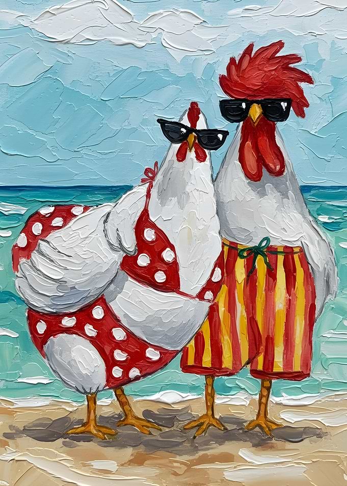 Rooster and Hen Couple on Beach