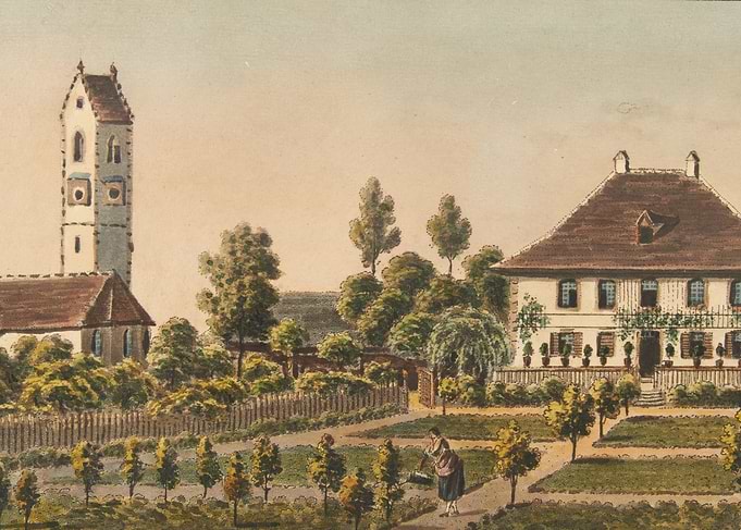 Pastoral scene with house and church