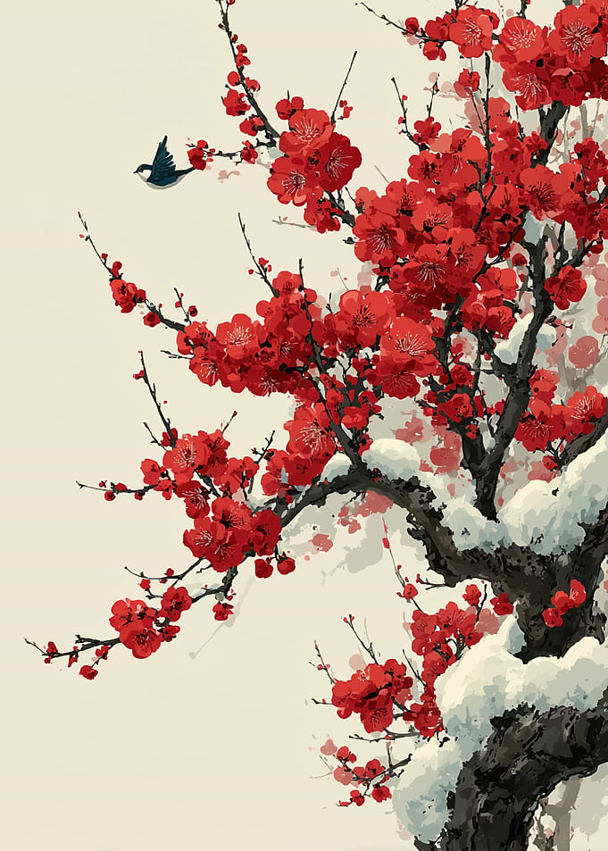 Red Plum Blossoms in Snow with Bird
