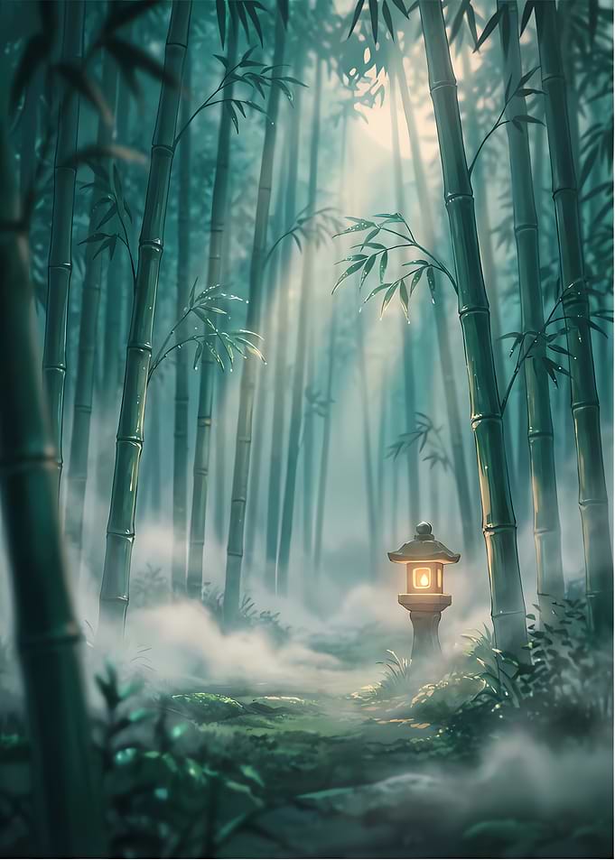 Misty Bamboo Forest with Lantern