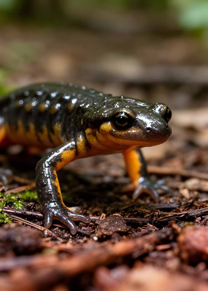 Close-up of a salamander on forest floor