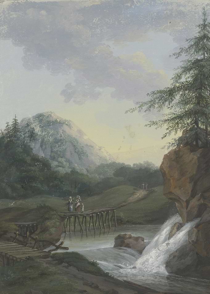 Mountain Landscape with Waterfall and Bridge