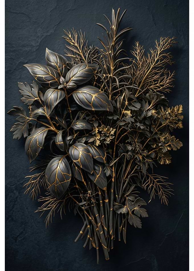 Gilded Herbs on Dark Background