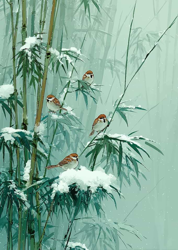 Sparrows on Snowy Bamboo