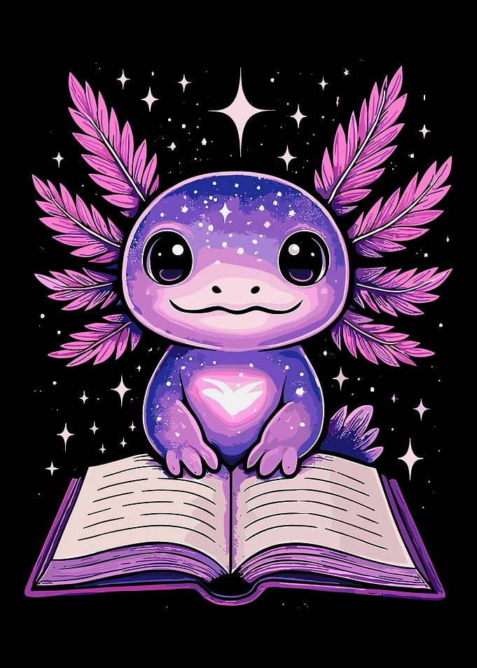Purple Axolotl Poster, Cosmic Book Illustration, Whimsical Magical Wall Art Print