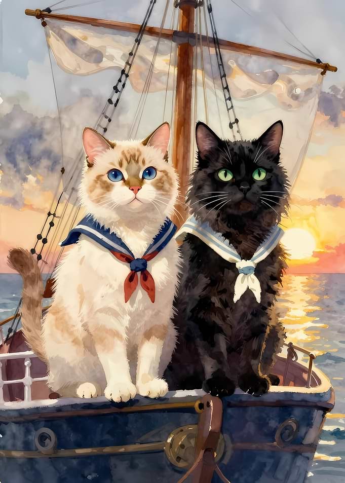 Cats in Sailor Outfits on a Boat
