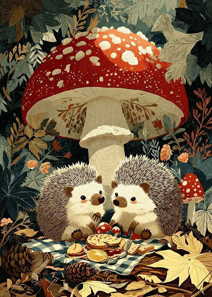 Cute Hedgehogs Having a Picnic